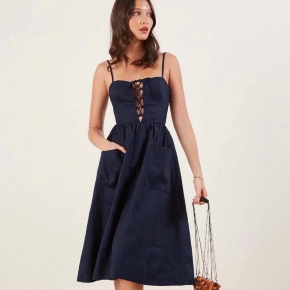 Reformation Ellen Linen Dress, Navy Blue